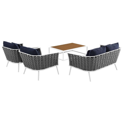 Stance 4 Piece Outdoor Patio Aluminum Sectional Sofa Set, Fabric Aluminium, White Navy 15347