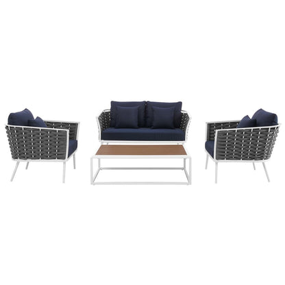 Stance 4 Piece Outdoor Patio Aluminum Sectional Sofa Set, Fabric Aluminium, White Navy 15347