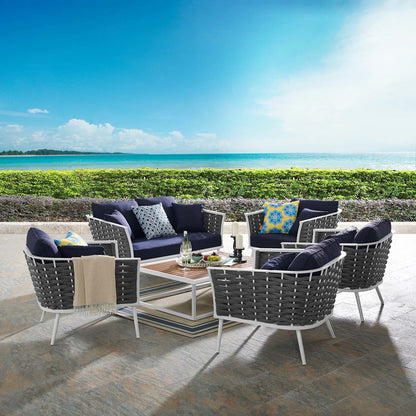 Stance 6 Piece Outdoor Patio Aluminum Sectional Sofa Set, Fabric Aluminium, White Navy 15349