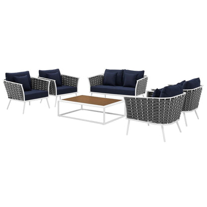 Stance 6 Piece Outdoor Patio Aluminum Sectional Sofa Set, Fabric Aluminium, White Navy 15349