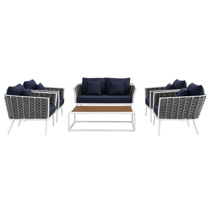 Stance 6 Piece Outdoor Patio Aluminum Sectional Sofa Set, Fabric Aluminium, White Navy 15349