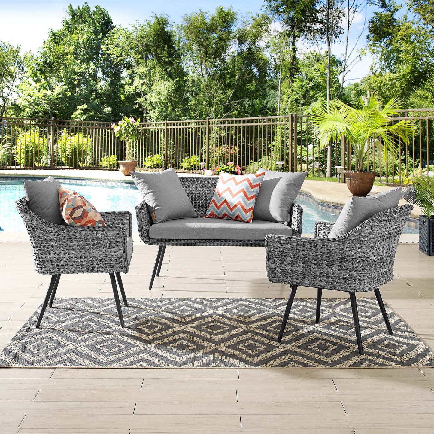 Endeavor 3 Piece Outdoor Patio Wicker Rattan Sectional Sofa Set, Aluminum Fabric Wicker Rattan, Grey Gray, 17988