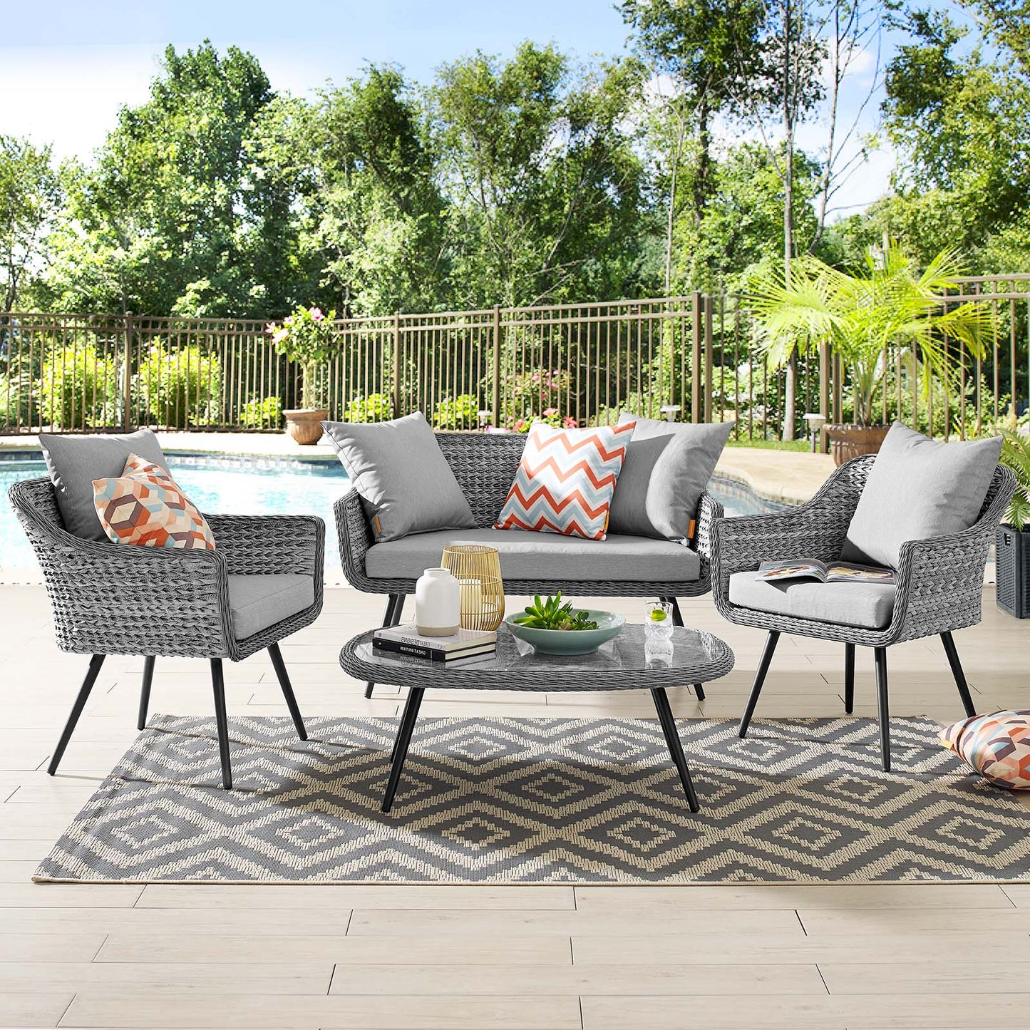 Endeavor 4 Piece Outdoor Patio Wicker Rattan Sectional Sofa Set, Aluminum Fabric Wicker Rattan, Grey Gray, 17287