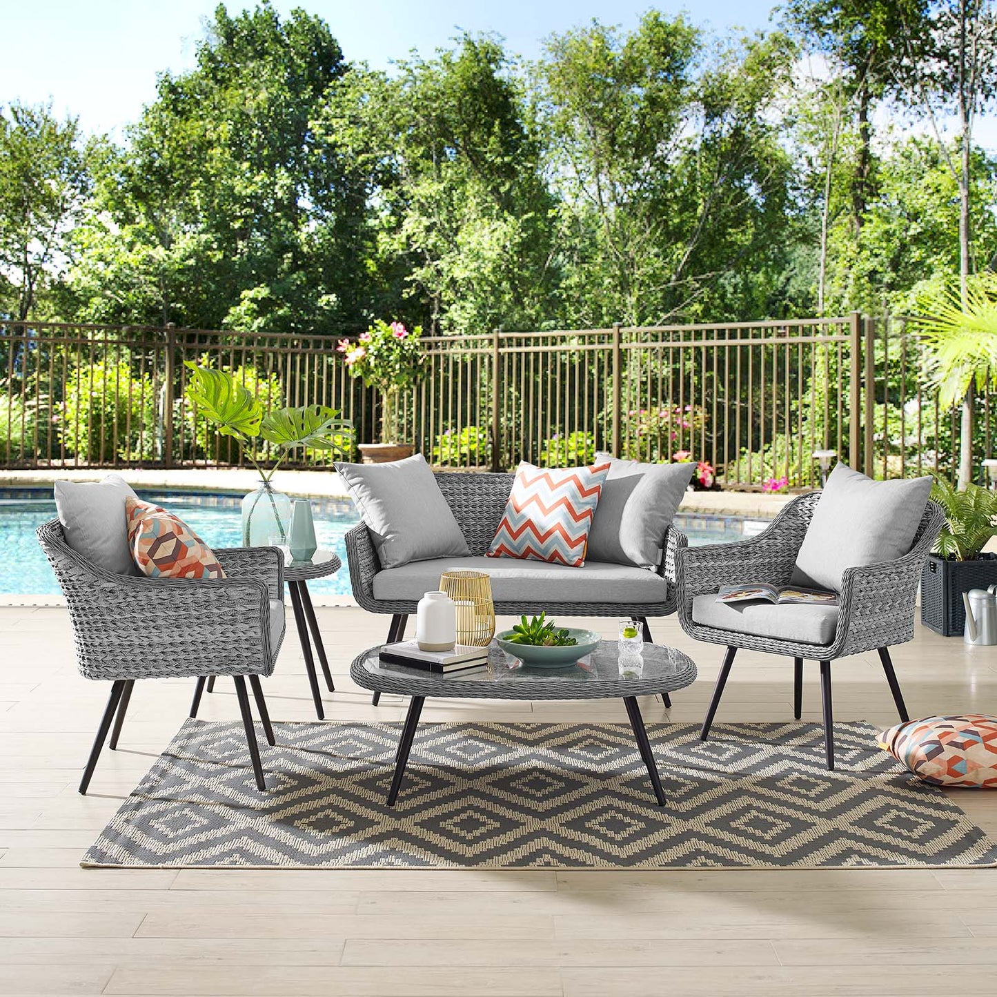 Endeavor 5 Piece Outdoor Patio Wicker Rattan Sectional Sofa Set, Aluminum Fabric Wicker Rattan, Grey Gray, 17288