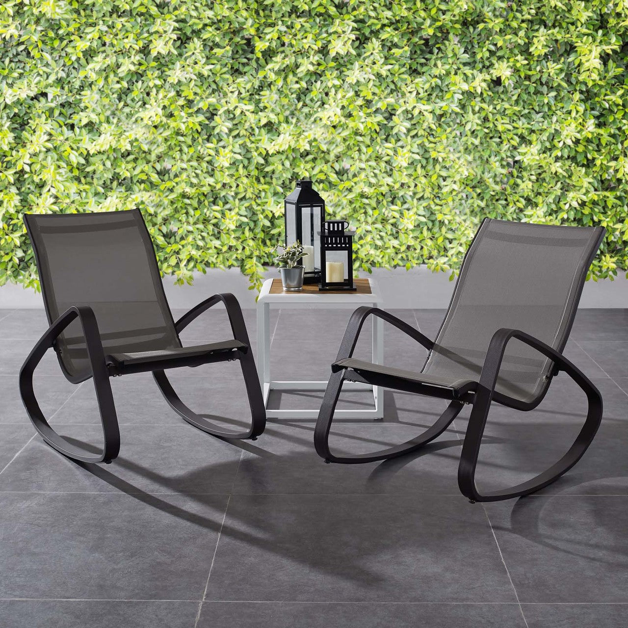 Traveler Rocking Lounge Chair Outdoor Patio Mesh Sling Set of 2, Aluminum Metal Steel, Black 15688