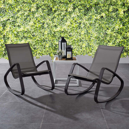 Traveler Rocking Lounge Chair Outdoor Patio Mesh Sling Set of 2, Aluminum Metal Steel, Black 15688