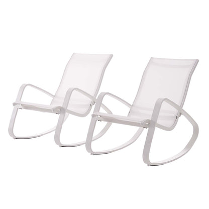 Traveler Rocking Lounge Chair Outdoor Patio Mesh Sling Set of 2, Aluminum Metal Steel, White 15690