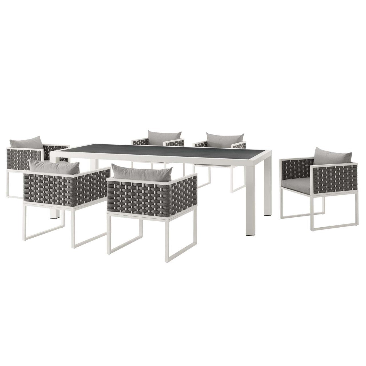 Stance 7 Piece Outdoor Patio Aluminum Dining Set, Fabric Aluminium, White Grey Gray 15694