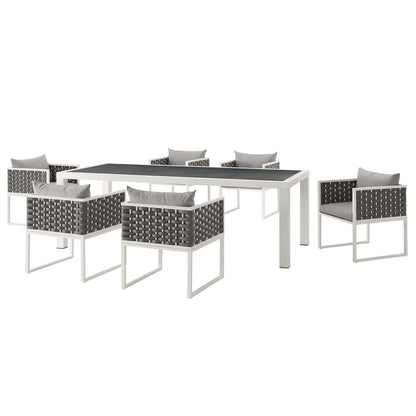 Stance 7 Piece Outdoor Patio Aluminum Dining Set, Fabric Aluminium, White Grey Gray 15694