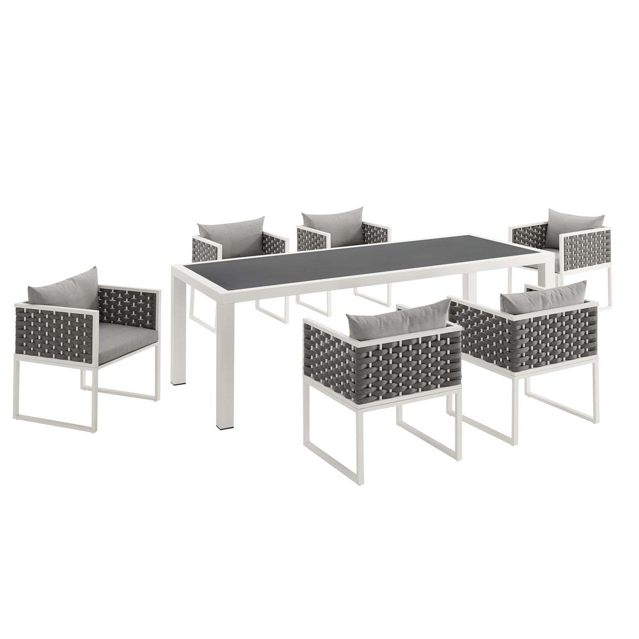Stance 7 Piece Outdoor Patio Aluminum Dining Set, Fabric Aluminium, White Grey Gray 15694