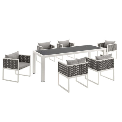 Stance 7 Piece Outdoor Patio Aluminum Dining Set, Fabric Aluminium, White Grey Gray 15694