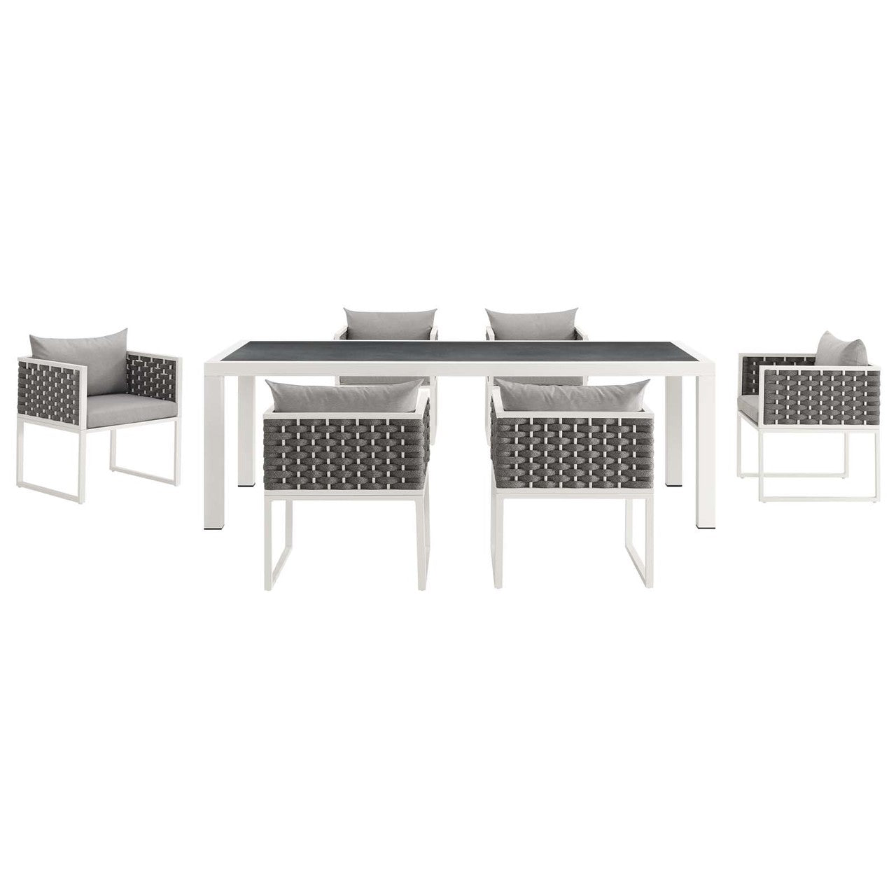 Stance 7 Piece Outdoor Patio Aluminum Dining Set, Fabric Aluminium, White Grey Gray 15694