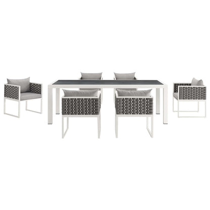 Stance 7 Piece Outdoor Patio Aluminum Dining Set, Fabric Aluminium, White Grey Gray 15694
