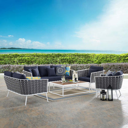 Stance 5 Piece Outdoor Patio Aluminum Sectional Sofa Set, Fabric Aluminium, White Navy 15351
