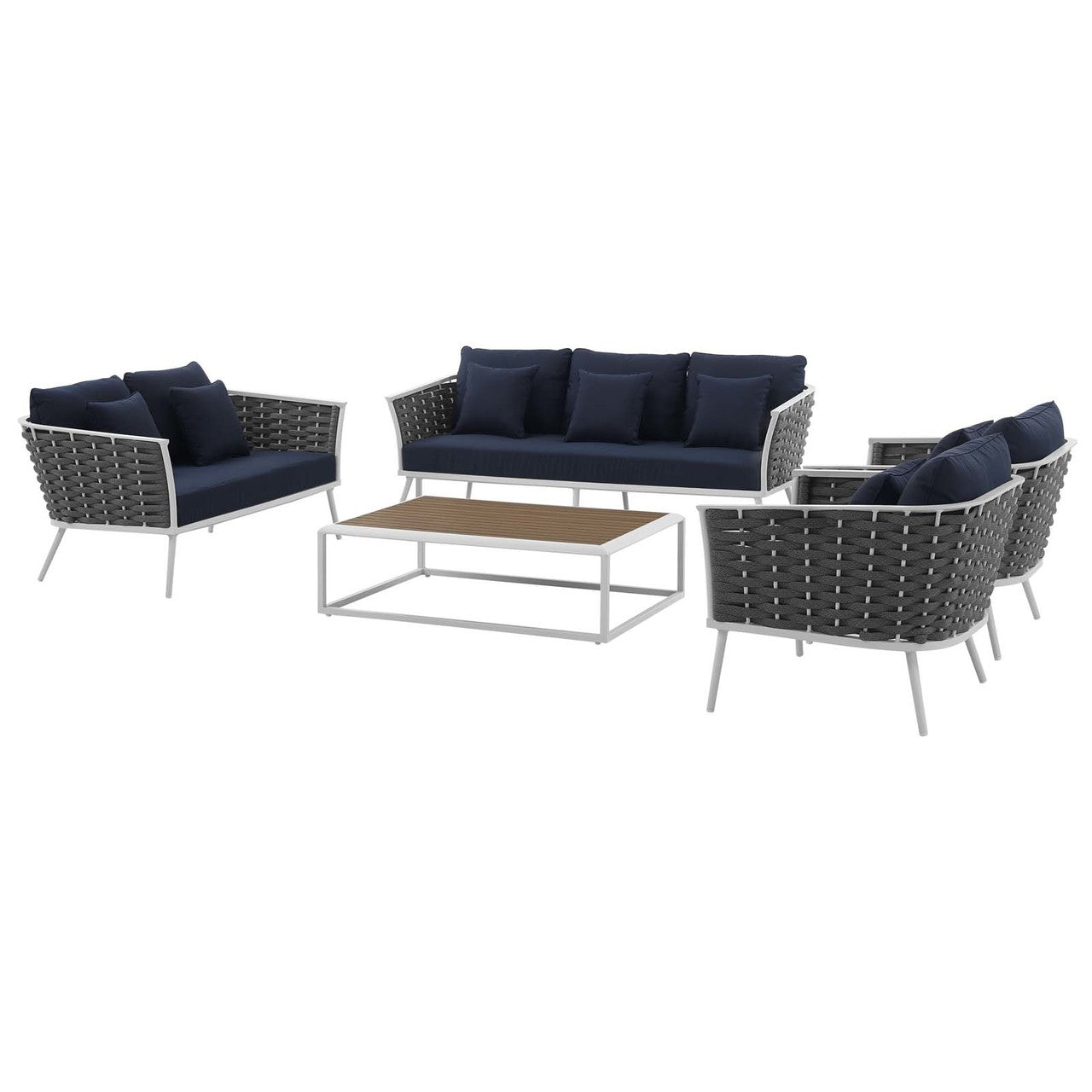 Stance 5 Piece Outdoor Patio Aluminum Sectional Sofa Set, Fabric Aluminium, White Navy 15351