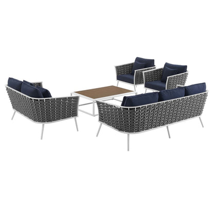 Stance 5 Piece Outdoor Patio Aluminum Sectional Sofa Set, Fabric Aluminium, White Navy 15351