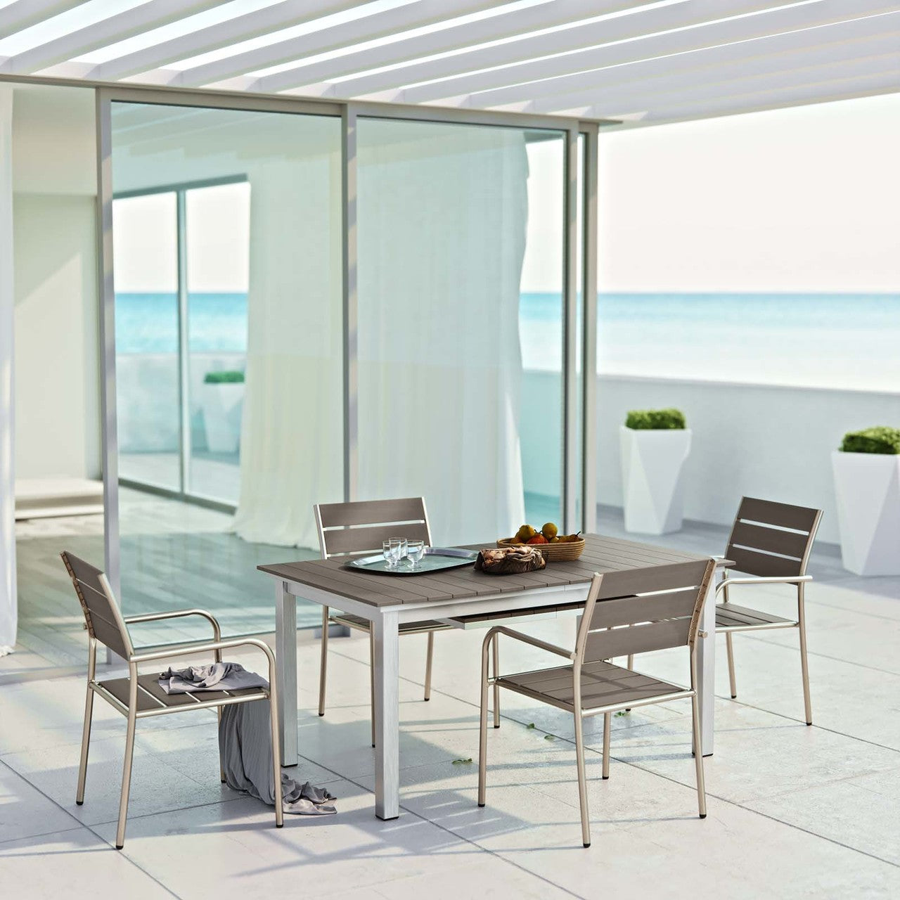 Shore 5 Piece Outdoor Patio Aluminum Outdoor Dining Set, Aluminum Metal Steel, Grey Gray 14244