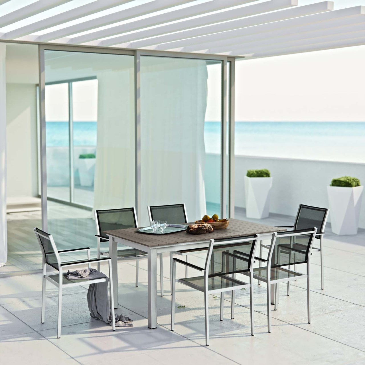 Shore 7 Piece Outdoor Patio Aluminum Outdoor Dining Set, Aluminum Metal Steel, Black 14247