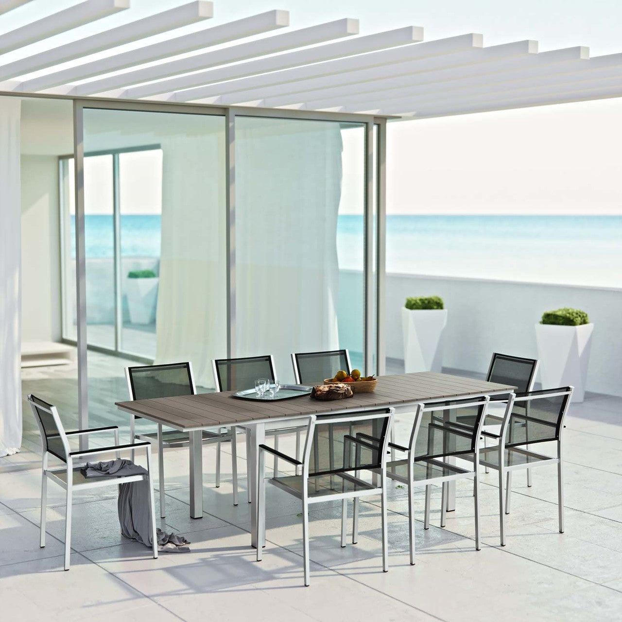 Shore 9 Piece Outdoor Patio Aluminum Outdoor Dining Set, Aluminum Metal Steel, Black 14249