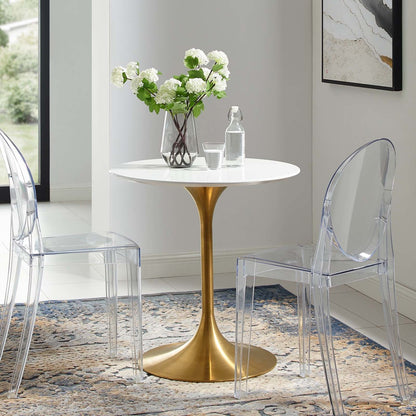 Lippa 28" Round Dining Table, Metal Steel Wood, Gold White 14255