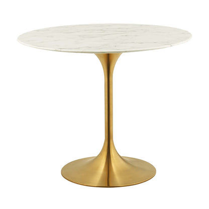 Lippa 36" Round Dining Table, Metal Steel Artificial Marble, Gold White 15069