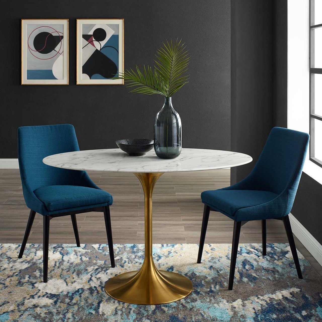 Lippa 48" Oval Dining Table, Metal Steel Artificial Marble, Gold White 15205