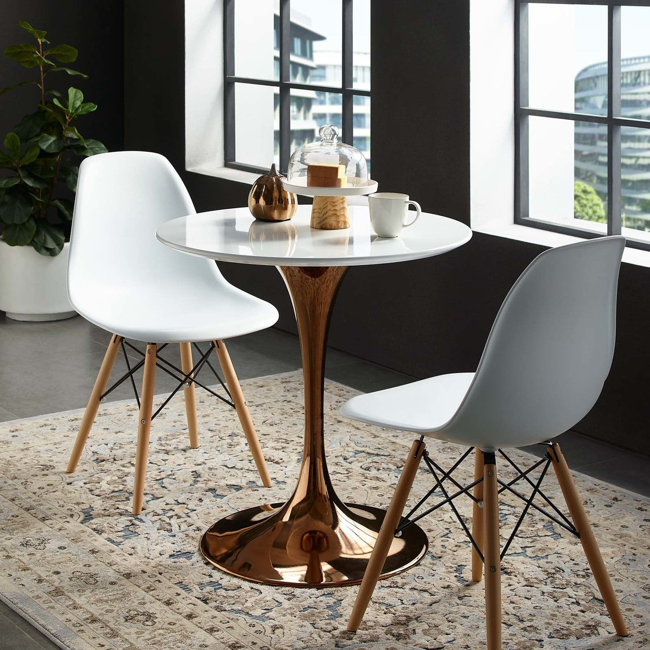 Lippa 28" Round Dining Table, Metal Steel Wood, White Rose Gold 14258