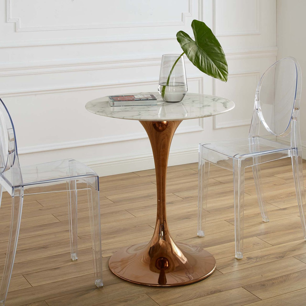 Lippa 28" Round Dining Table, Metal Steel Artificial Marble, White Rose Gold 14261