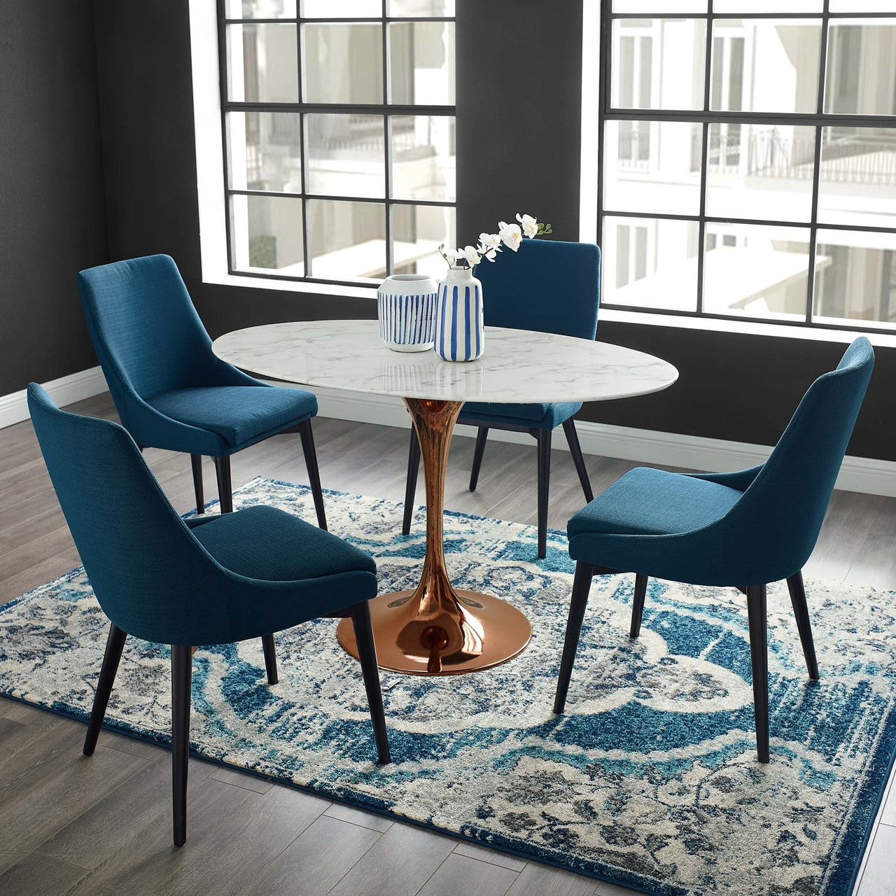 Lippa 48" Oval Dining Table, Metal Steel Artificial Marble, White Rose Gold 15210