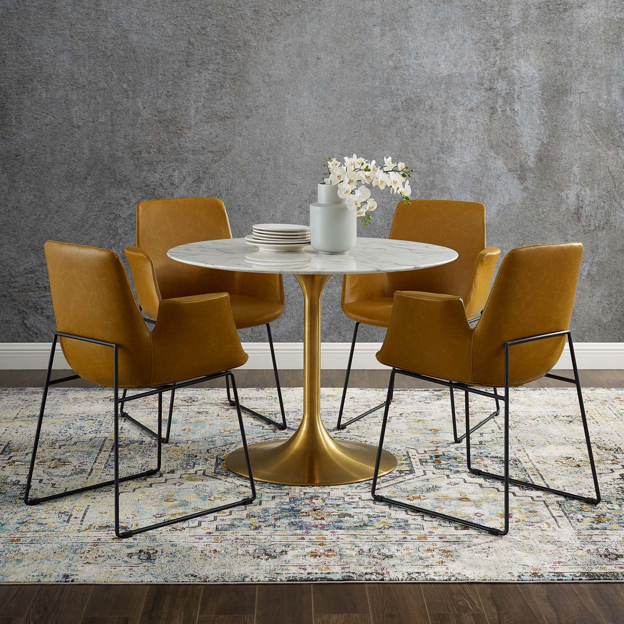 Lippa 40" Round Dining Table, Metal Steel Artificial Marble, Gold White 15214