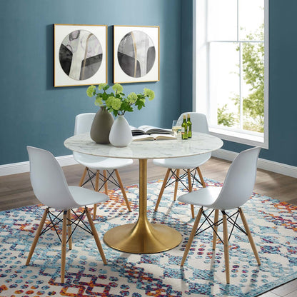 Lippa 47" Round Dining Table, Metal Steel Artificial Marble, Gold White 15215