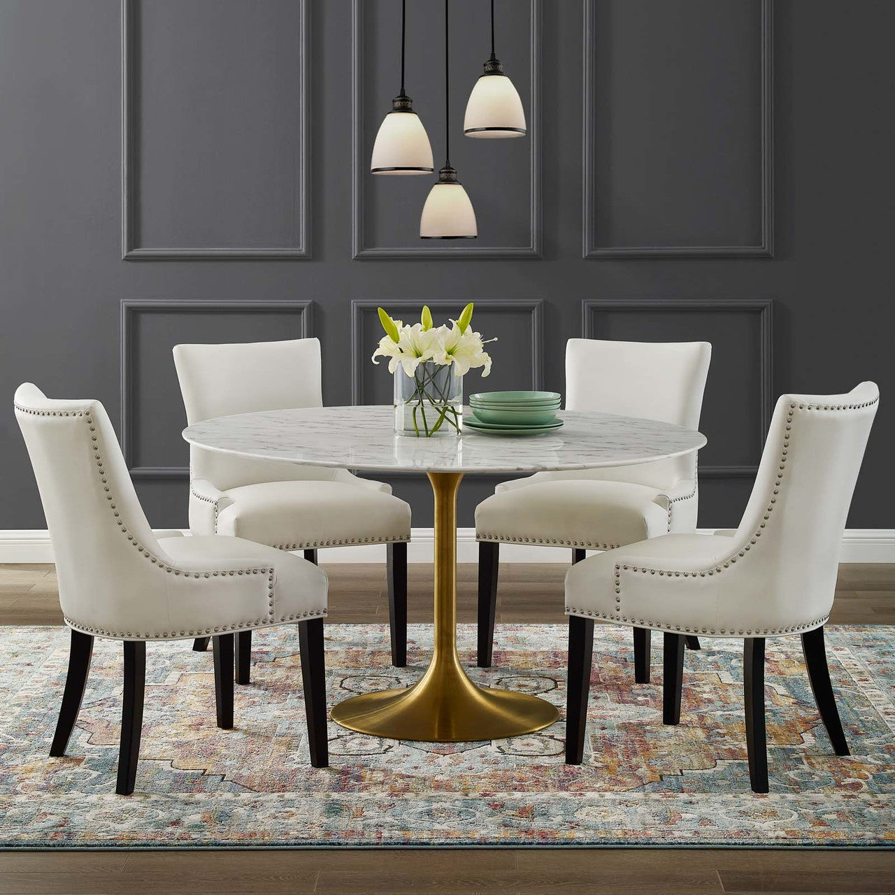 Lippa 54" Round Dining Table, Metal Steel Artificial Marble, Gold White 15357