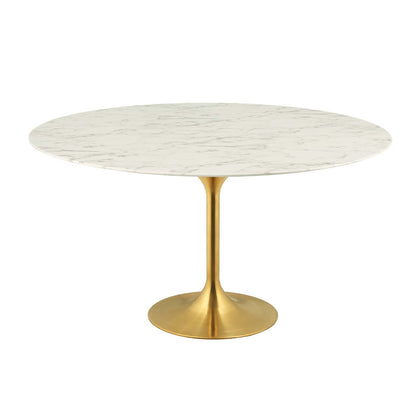Lippa 60" Round Dining Table, Metal Steel Artificial Marble, Gold White 15216