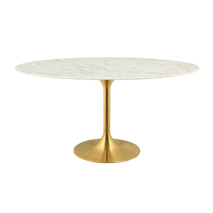 Lippa 60" Oval Dining Table, Metal Steel Artificial Marble, Gold White 15359