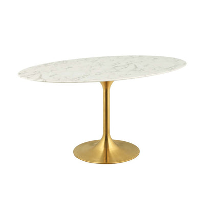 Lippa 60" Oval Dining Table, Metal Steel Artificial Marble, Gold White 15359