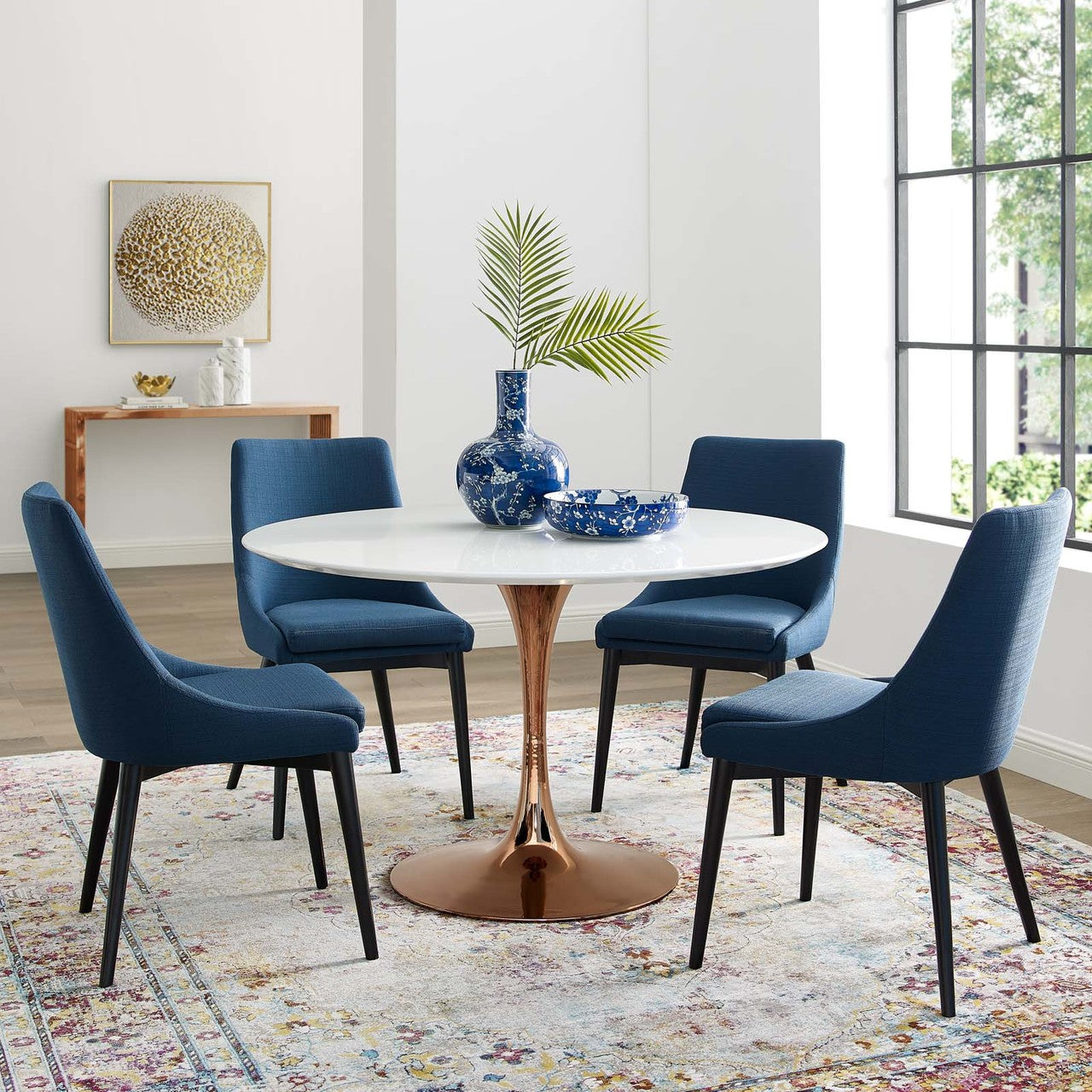 Lippa 47" Round Dining Table, Metal Steel Wood, White Rose Gold 15218