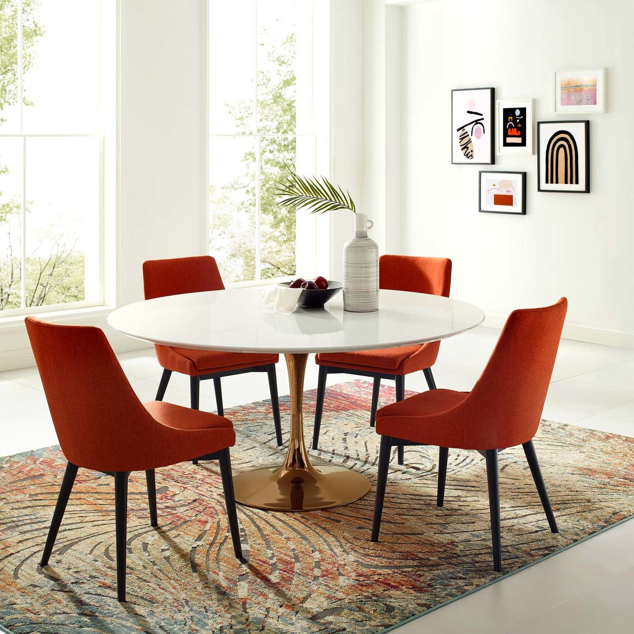 Lippa 60" Round Dining Table, Metal Steel Wood, White Rose Gold 15695
