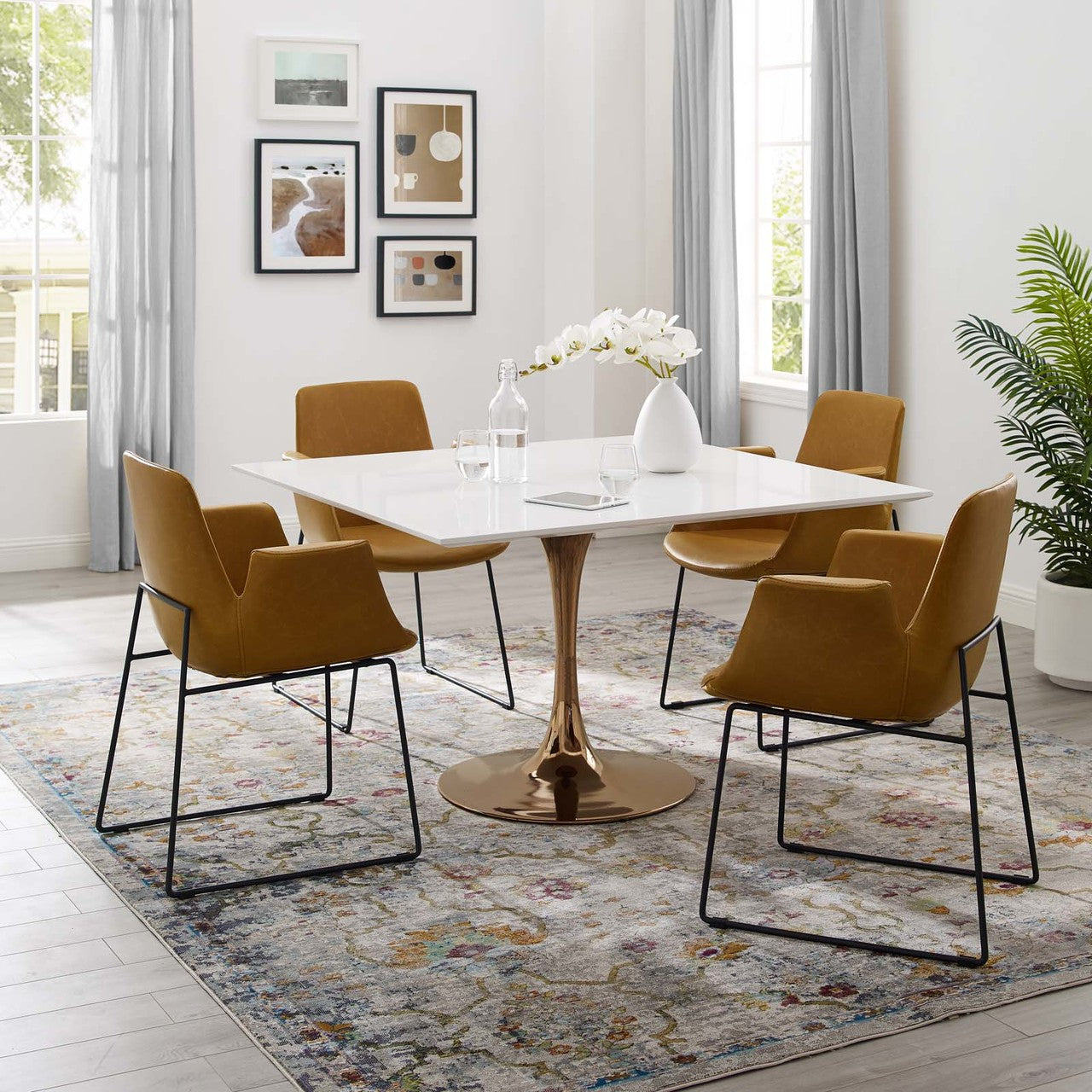 Lippa 47" Square Dining Table, Metal Steel Wood, White Rose Gold 15220