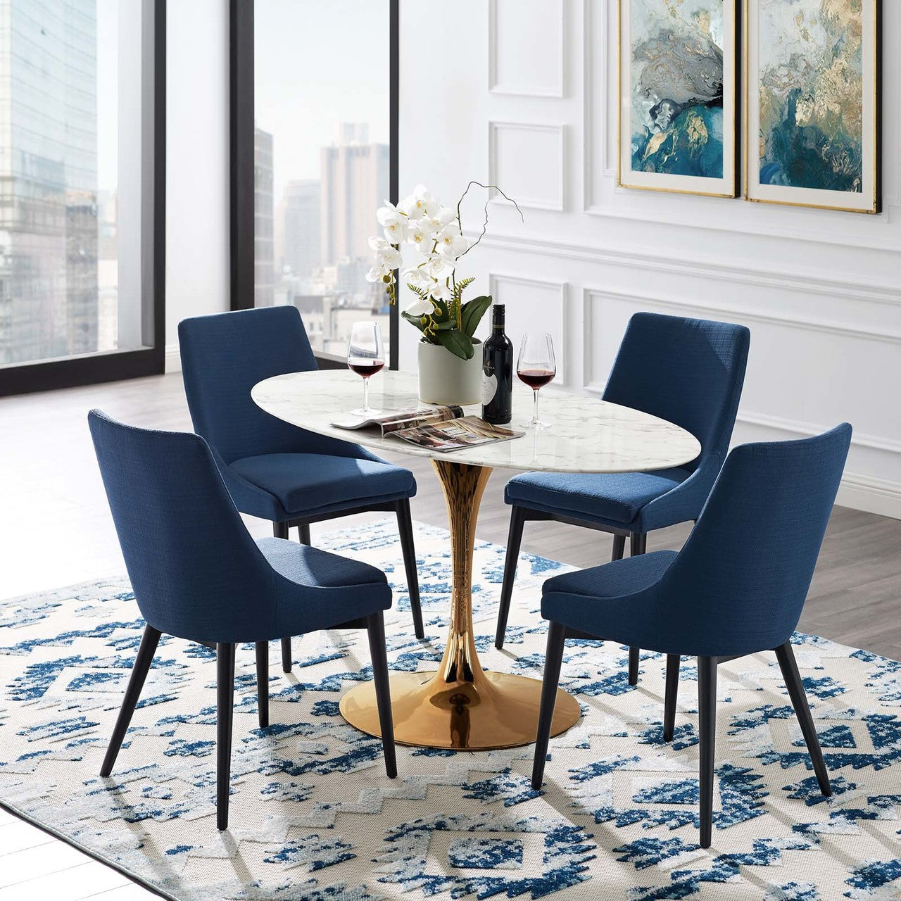Lippa 54" Oval Dining Table, Metal Steel Artificial Marble, White Rose Gold 15360