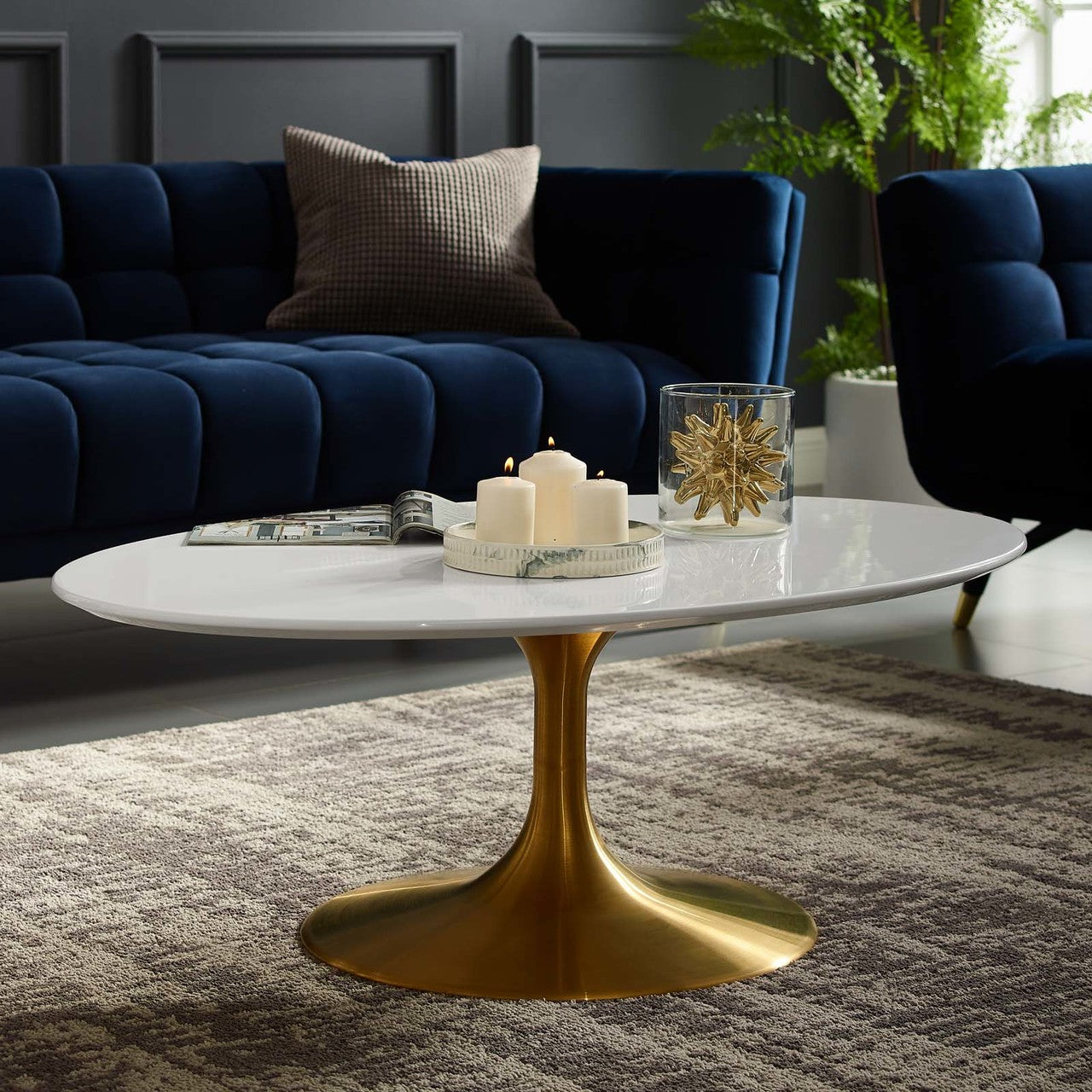 Lippa 42" Oval-Shaped Coffee Table, Metal Steel Wood, Gold White 14262