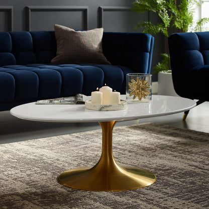 Lippa 42" Oval-Shaped Coffee Table, Metal Steel Wood, Gold White 14262