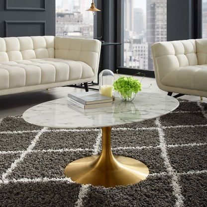 Lippa 42" Oval-Shaped Coffee Table, Metal Steel Artificial Marble, Gold White 14263