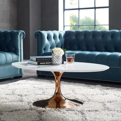 Lippa 42" Oval-Shaped Coffee Table, Metal Steel Wood, White Rose Gold 14265