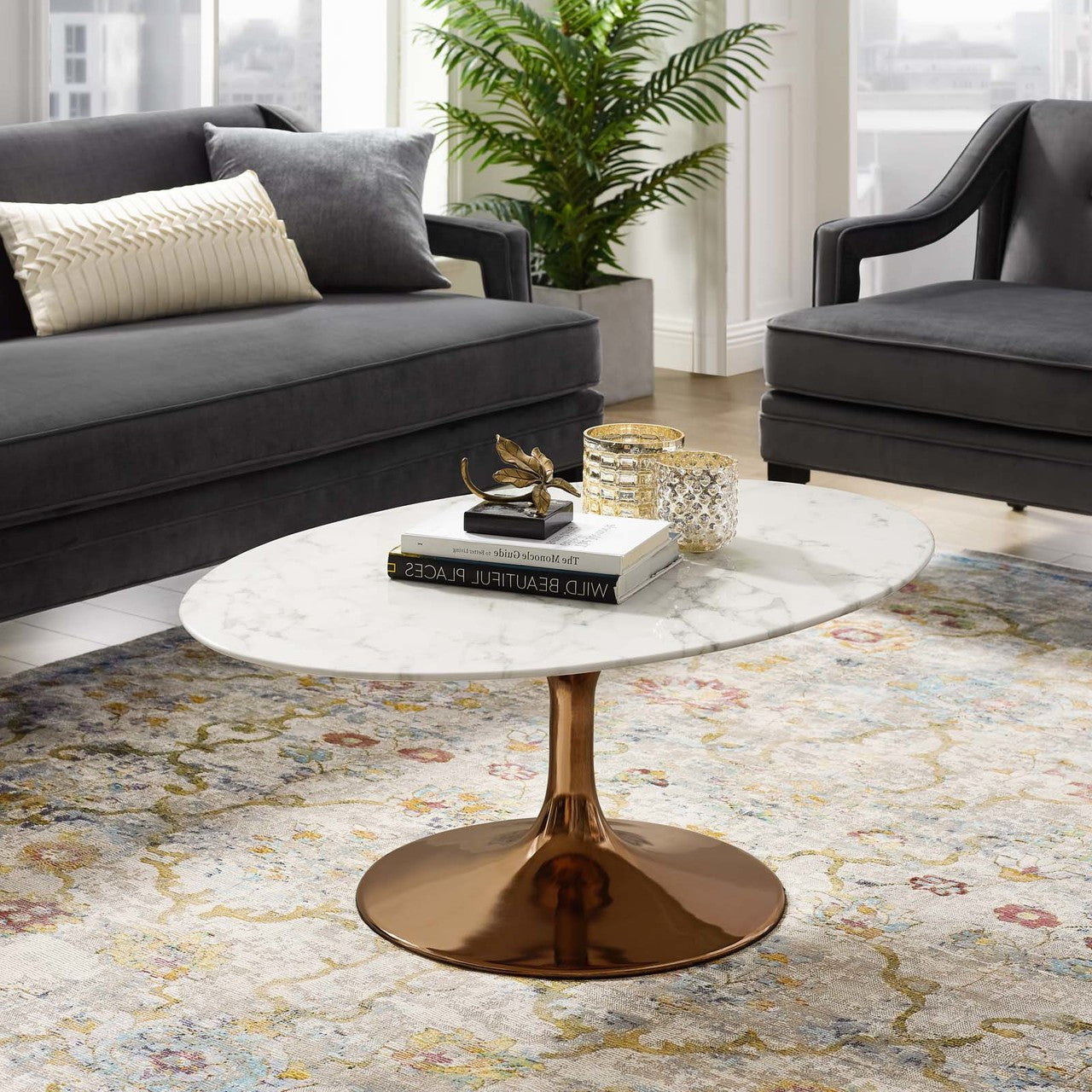 Lippa 42" Oval-Shaped Coffee Table, Metal Steel Artificial Marble, White Rose Gold 15223