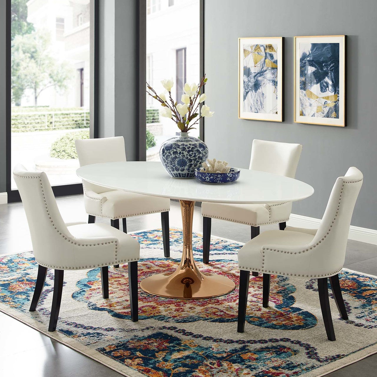 Lippa 78" Oval Dining Table, Metal Steel Wood, White Rose Gold 15227