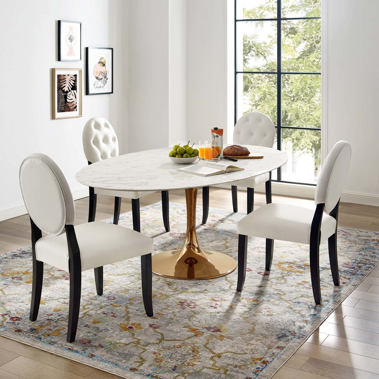 Lippa 78" Oval Dining Table, Metal Steel Artificial Marble, White Rose Gold 15229