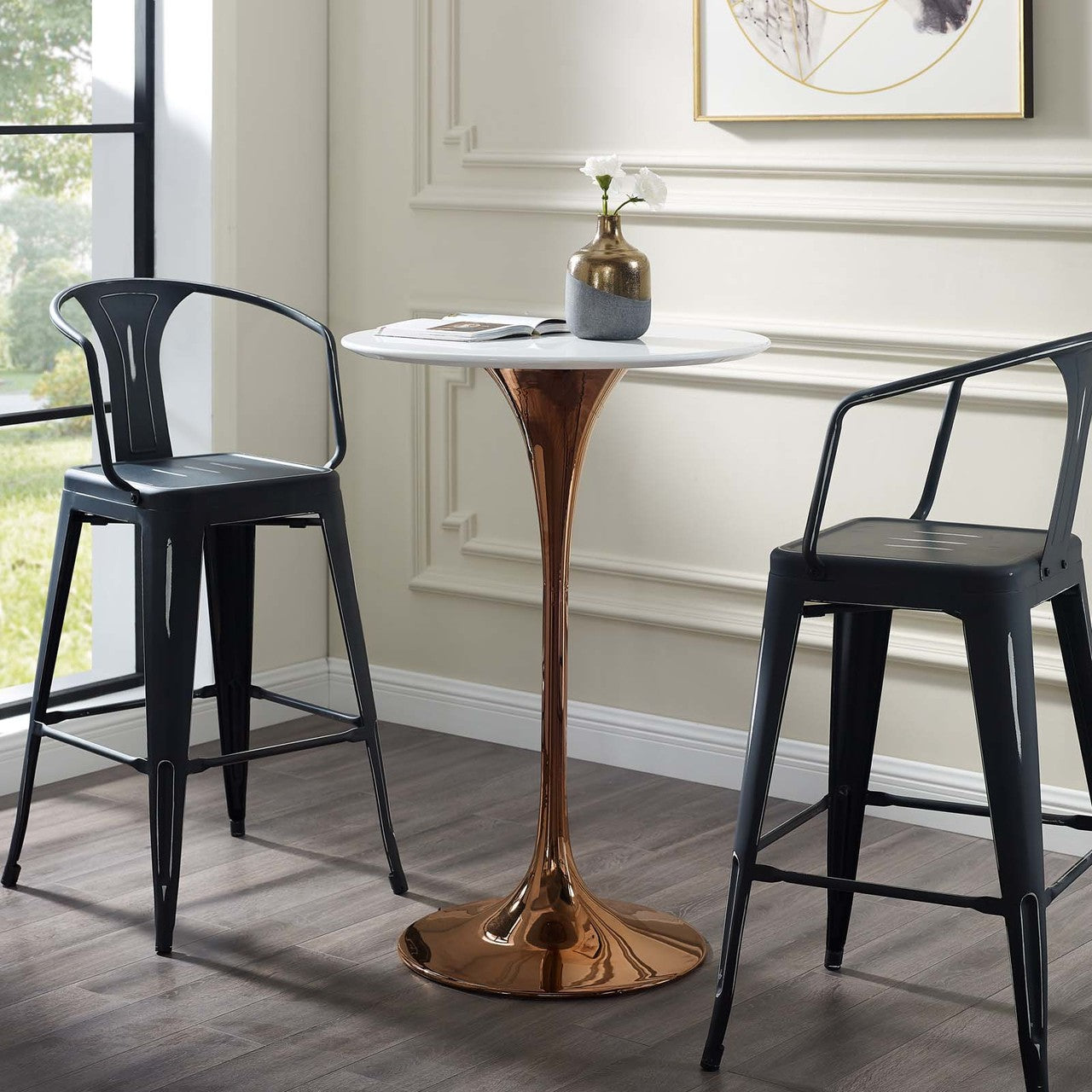 Lippa 28" Bar Table, Metal Steel Wood, White Rose Gold 15232