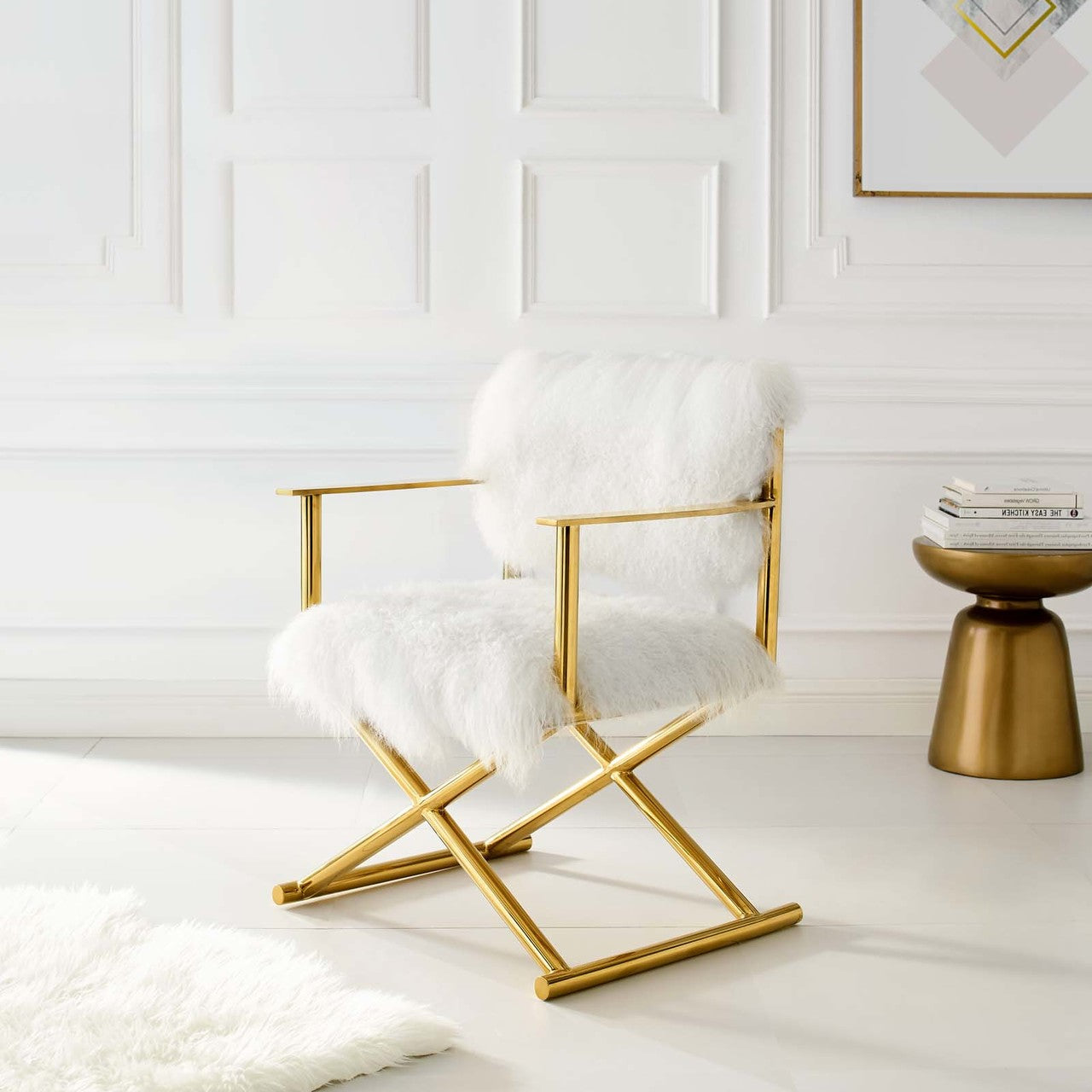 Action Pure White Cashmere Accent Director's Chair, Metal Fabric, Gold White 15236