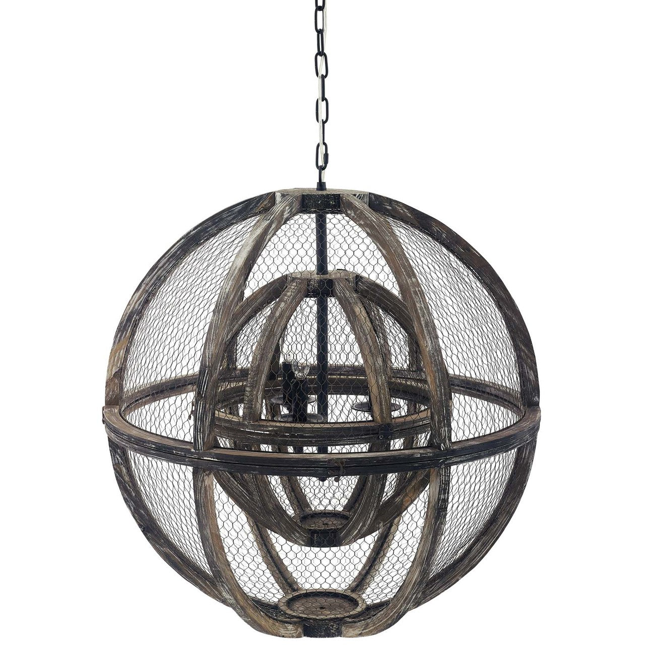 Gravitate Globe Rustic Oak Wood Pendant Light Chandelier, Wood, Natural Dark Brown 15364