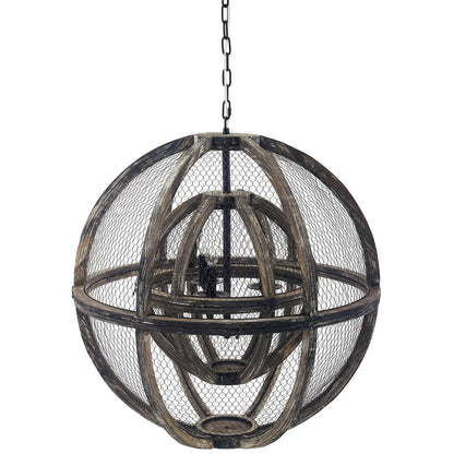 Gravitate Globe Rustic Oak Wood Pendant Light Chandelier, Wood, Natural Dark Brown 15364